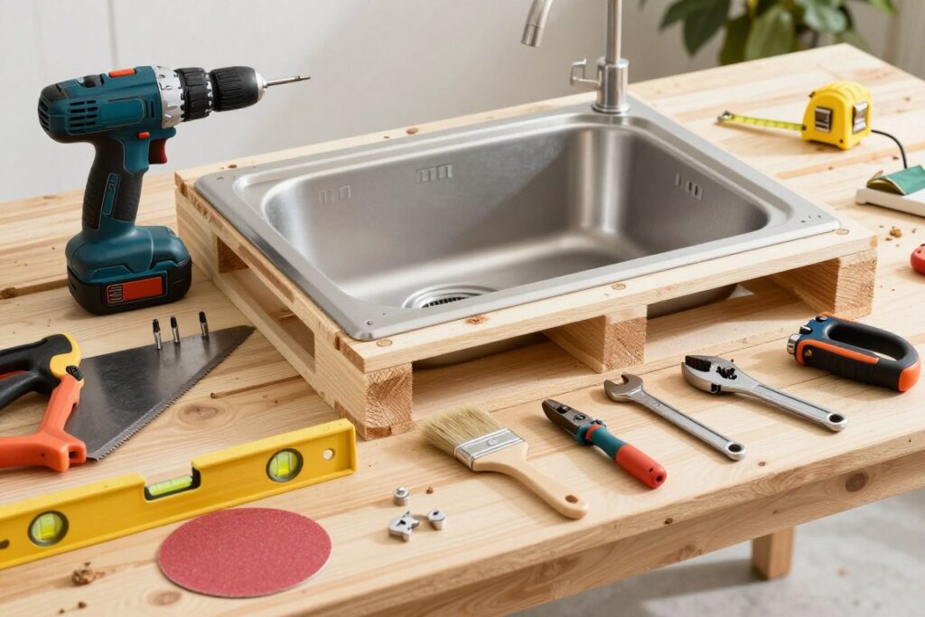 Zestaw narzędzi potrzebnych do budowy zlewu ogrodowego z palet