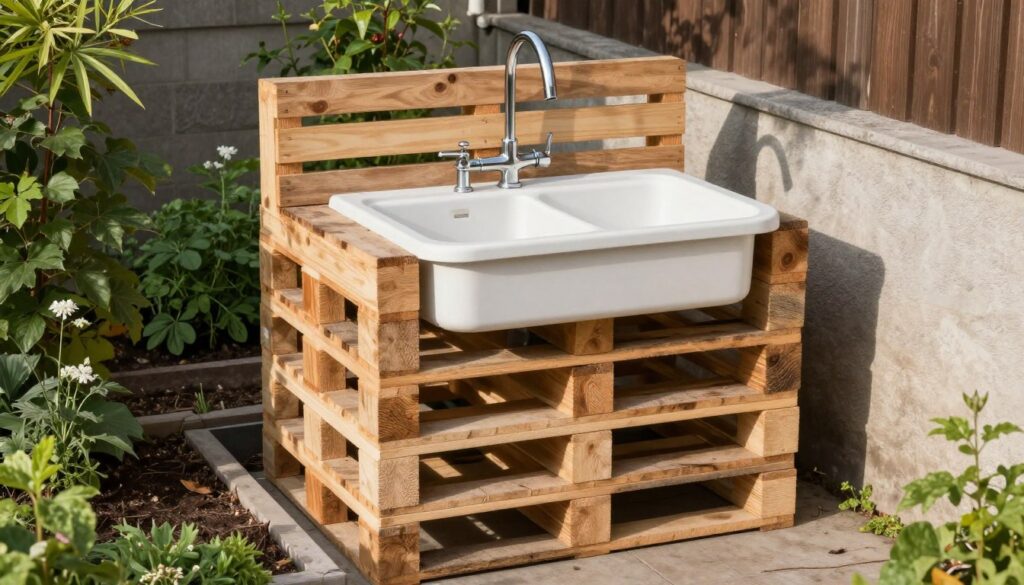 Zlew ogrodowy z palet umieszczony w praktycznej lokalizacji w ogrodzie
