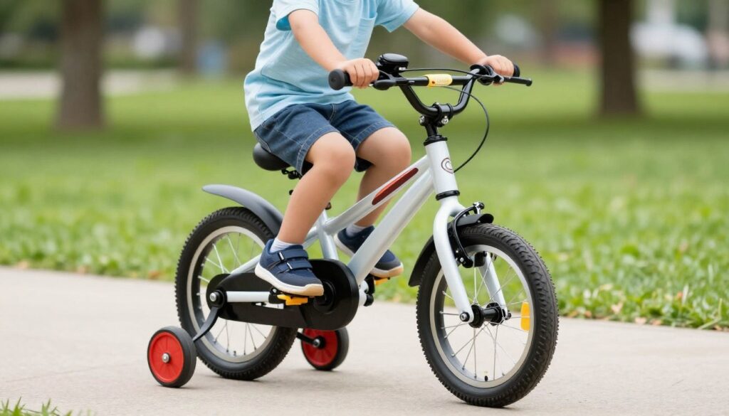 Dziecko uczące się jazdy na rowerze z kółkami bocznymi w parku