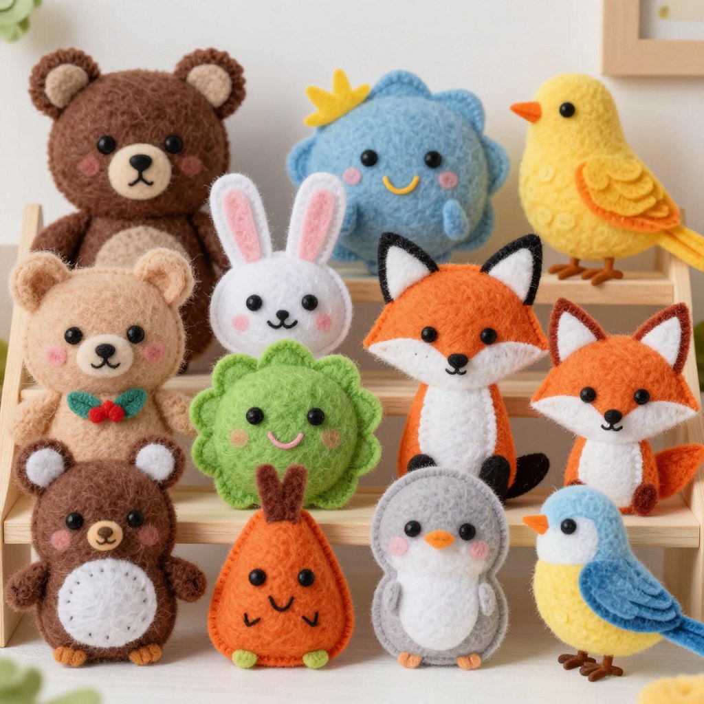 Gotowe maskotki z filcu w różnych kształtach i kolorach