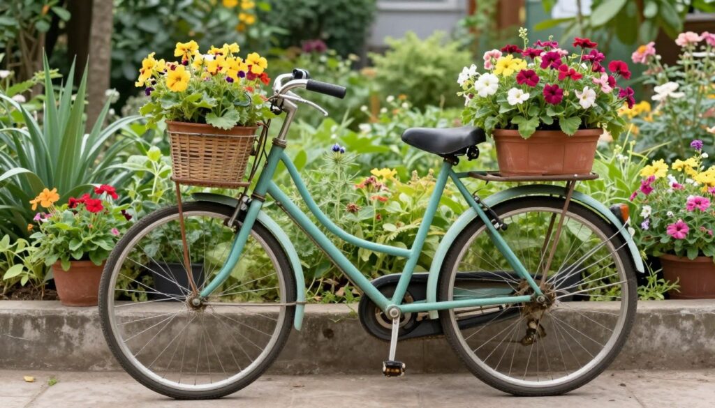 Gotowy kwietnik z roweru z kwitnącymi roślinami w ogrodzie