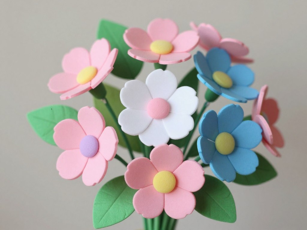 Kolorowe kwiaty z pianki dekoracyjnej ułożone w bukiet
