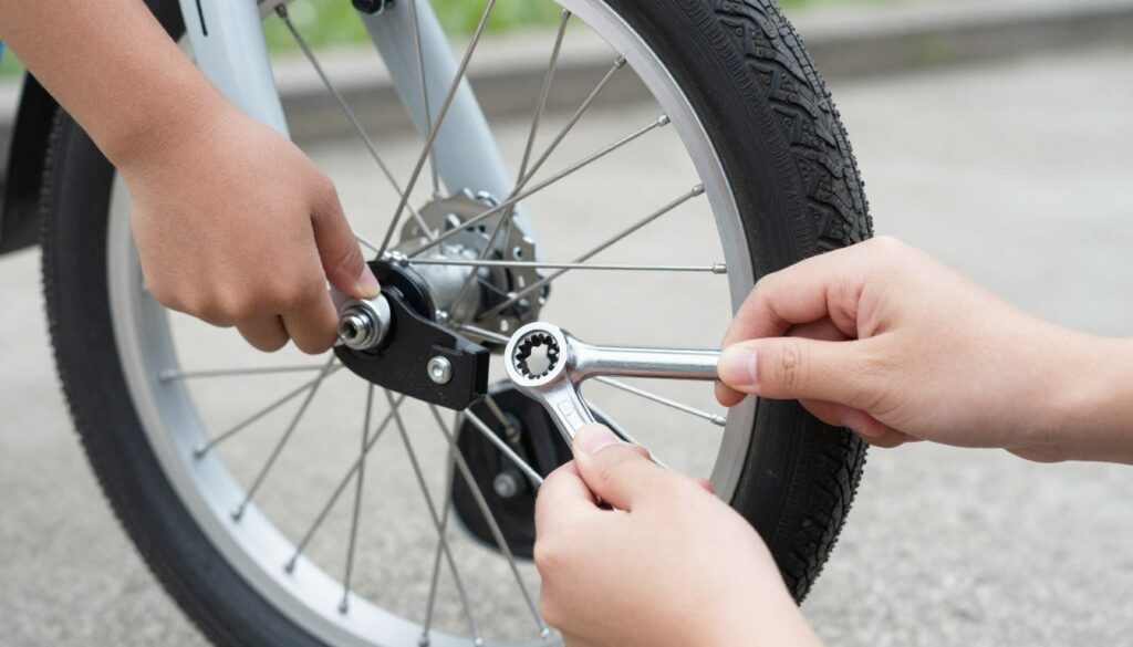 Proces montażu kółek bocznych do roweru dziecięcego - regulacja wysokości