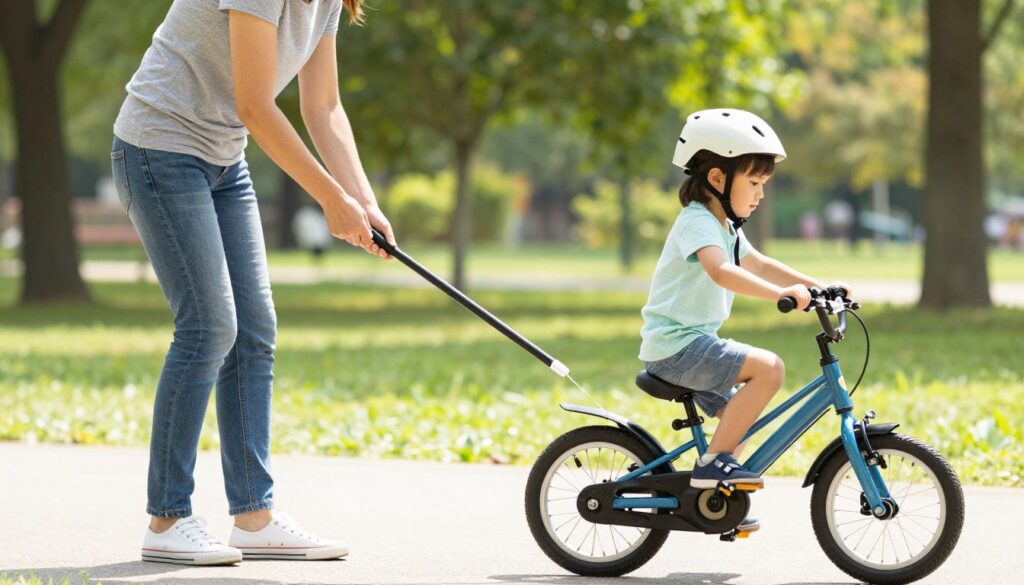 Rodzic pomagający dziecku w nauce jazdy na rowerze przy użyciu kija do nauki jazdy