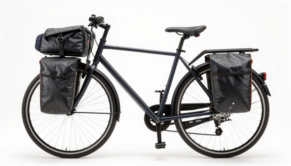 Rower z zamontowanym bagażnikiem tylnym i sakwami