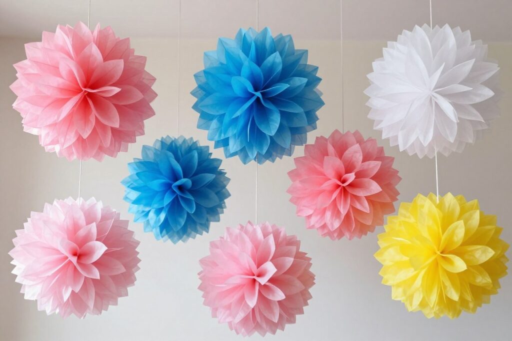 Rozłożone pompony papierowe w różnych kolorach