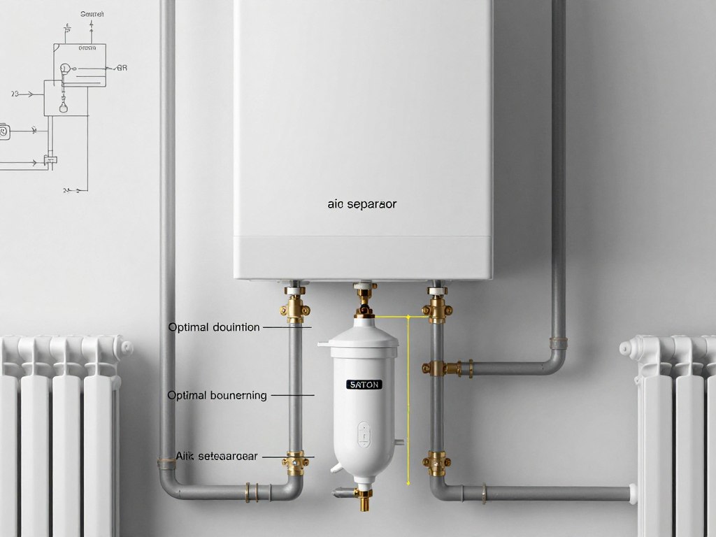 Schemat instalacji CO z zaznaczonym optymalnym miejscem montażu separatora powietrza