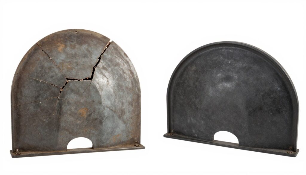 Zużyty deflektor kominkowy wymagający wymiany obok nowego deflektora