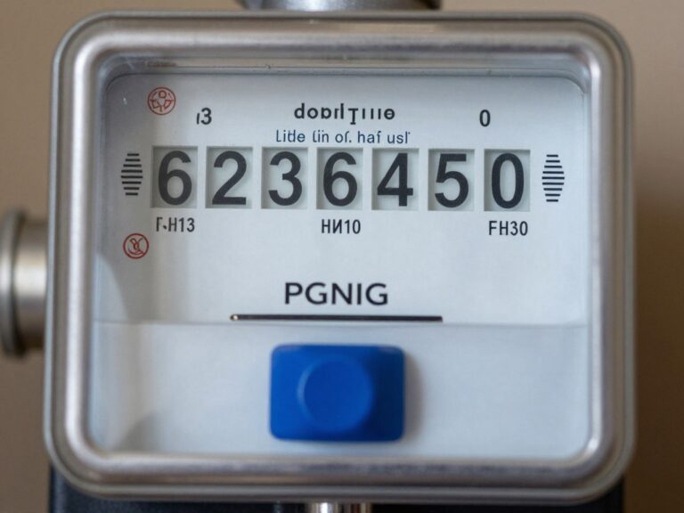 Licznik gazu PGNiG z widocznym liczydłem i oznaczeniami do prawidłowego odczytu