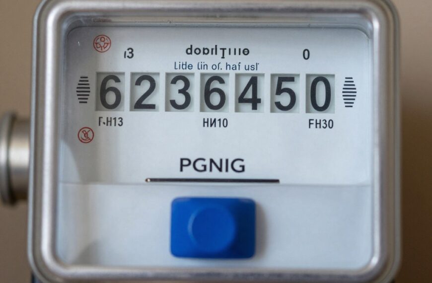 Licznik gazu PGNiG z widocznym liczydłem i oznaczeniami do prawidłowego odczytu