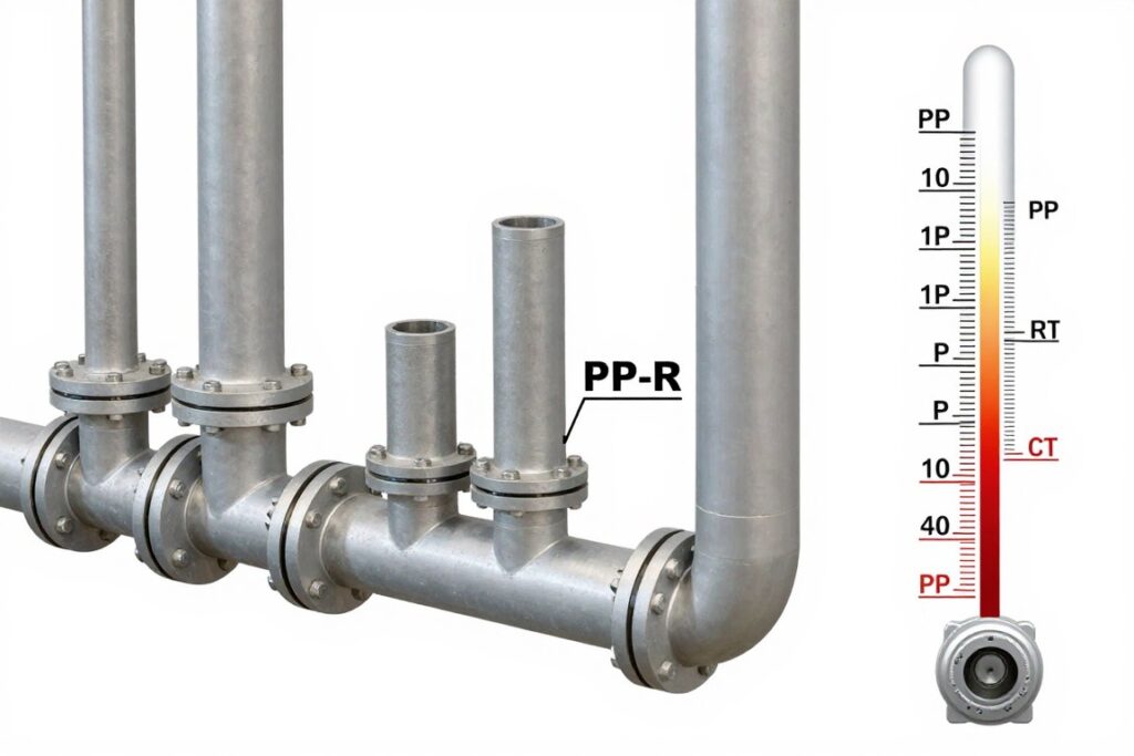 Rury PP w instalacji gazowej z oznaczeniem maksymalnych temperatur pracy